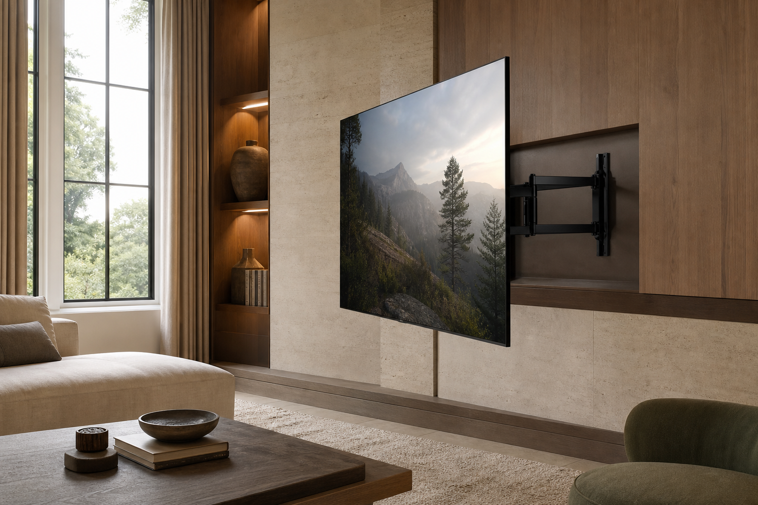 FMW-900.600 v2 Full-motion display mount installed for Media rooms and Living spaces