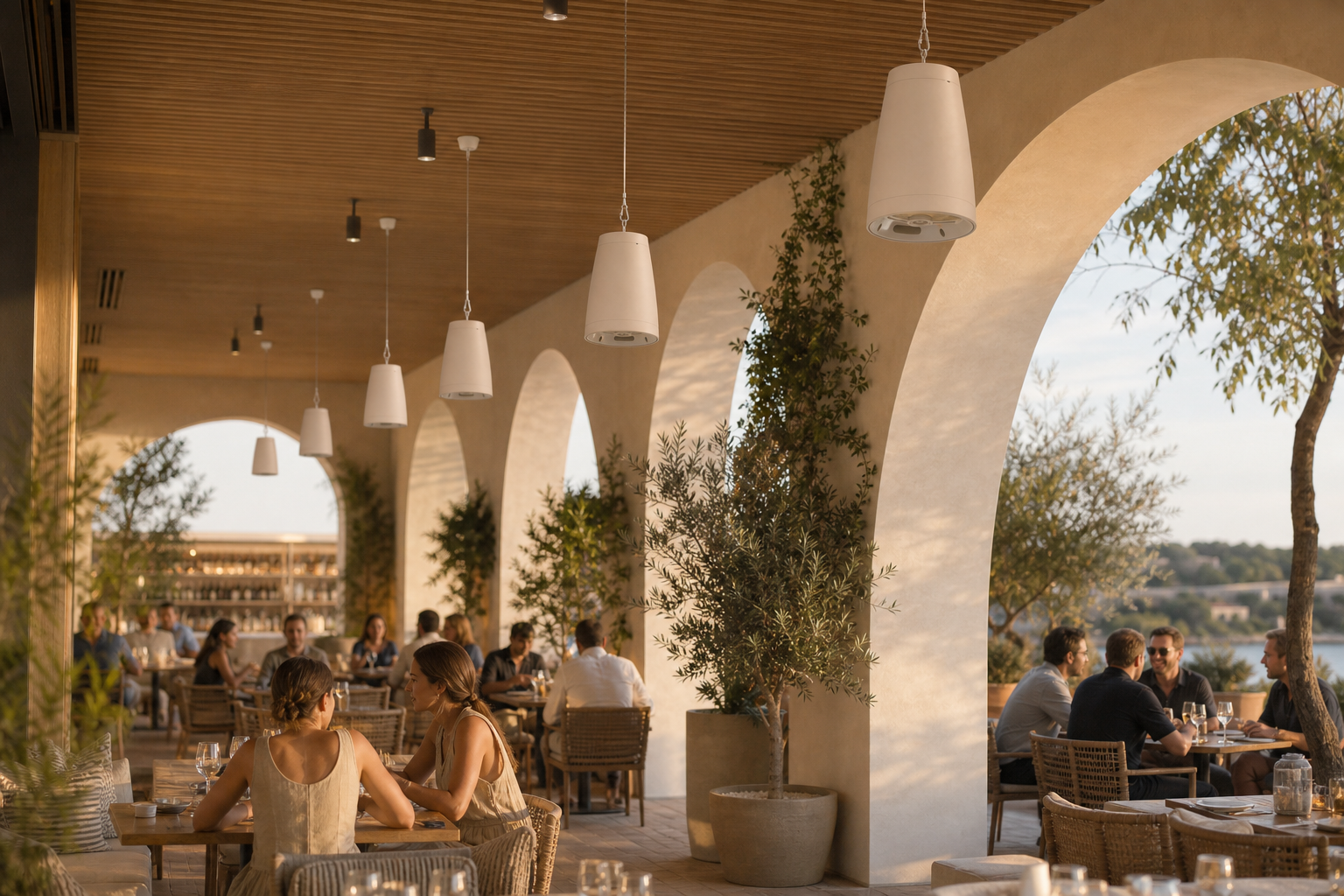 IO-P6 6.5" indoor/outdoor pendant loudspeaker installed for Hospitality and Open ceilings