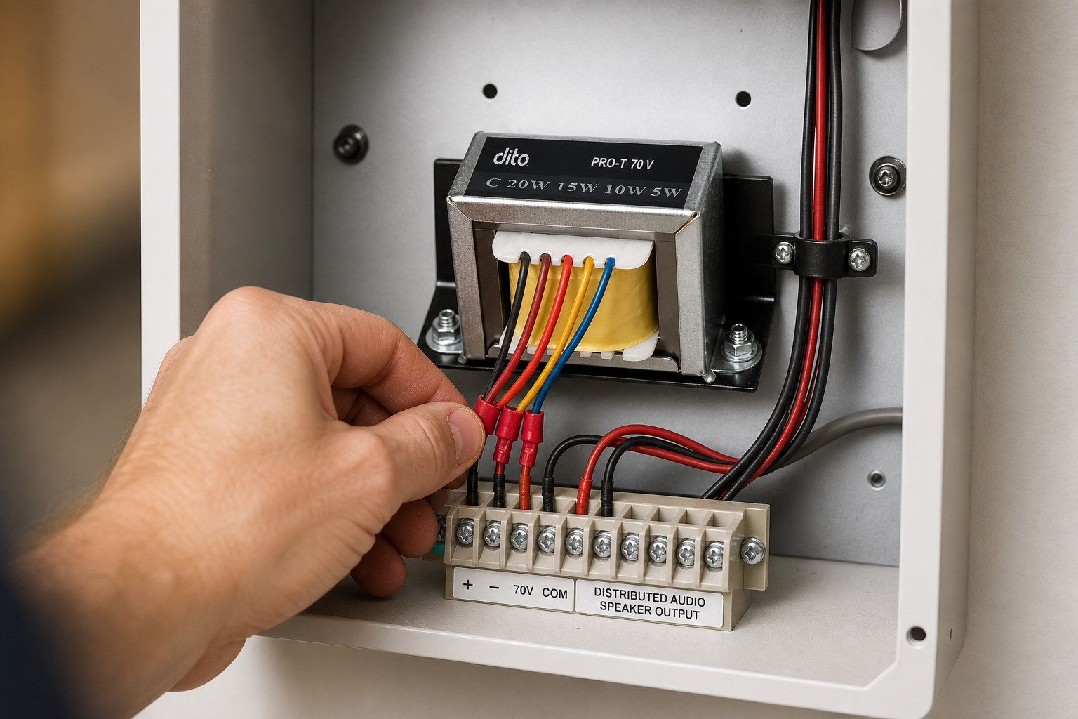 PRO-T 70 V / 100 V line-matching transformer installed for Distributed audio and Commercial systems